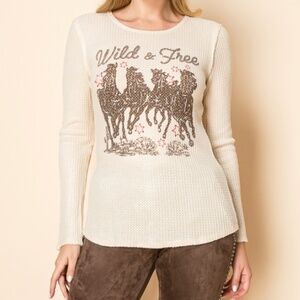 NWT Vocal Wild and Free cream waffle knit long sleeve top with stone detail